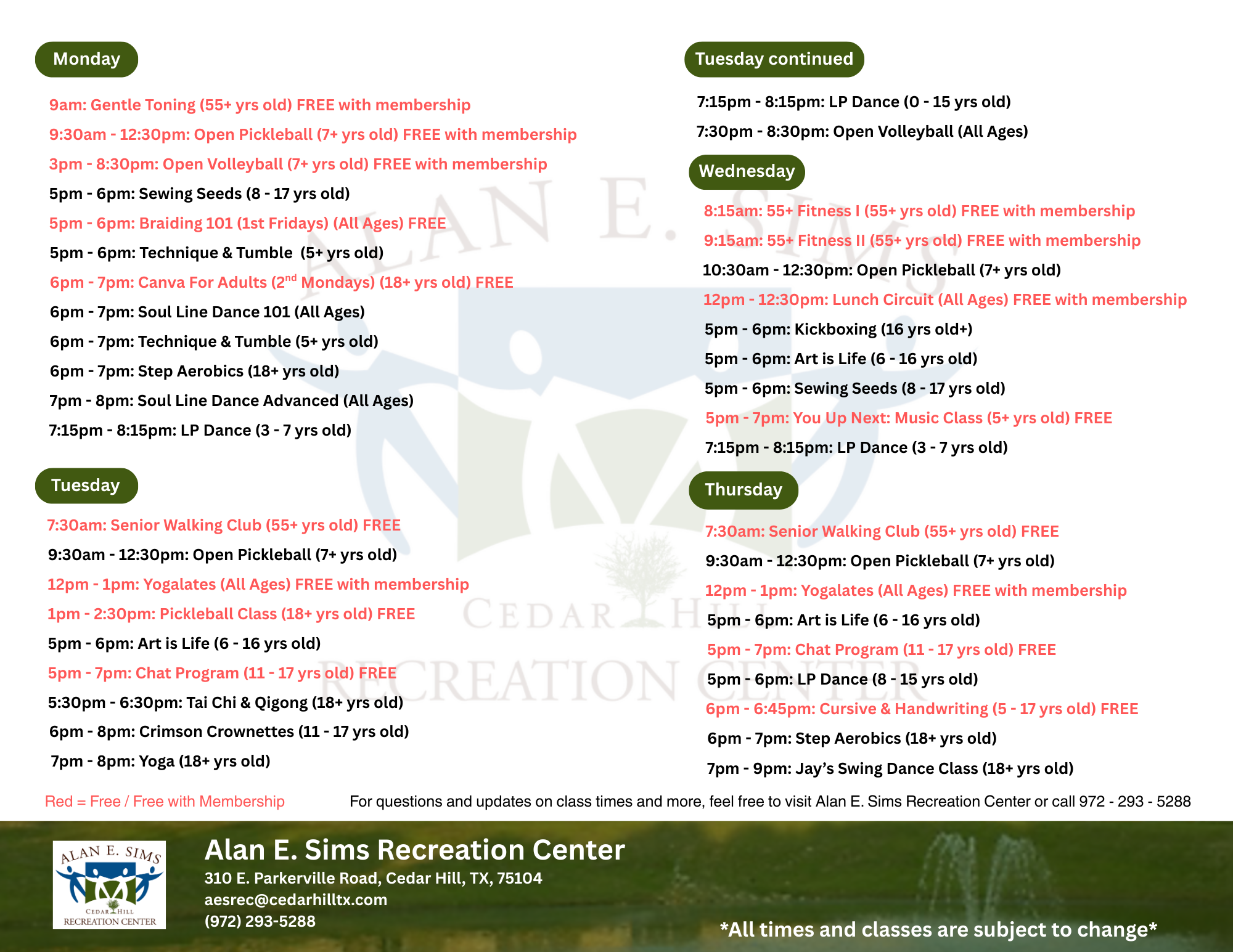 Recreation Center Classes 