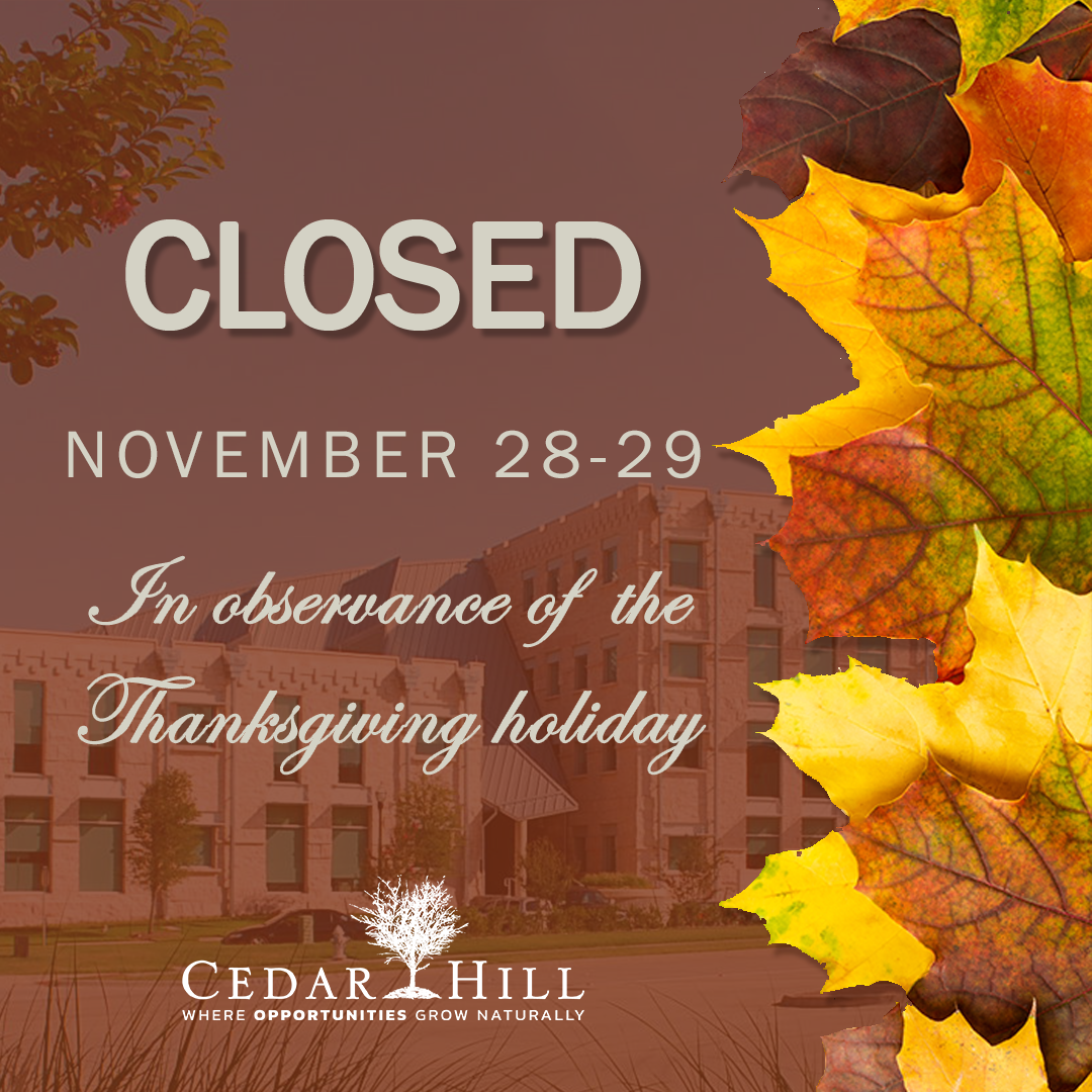 Notice for Cedar Hill's closure on November 28-29. The background is a city building with leaves.